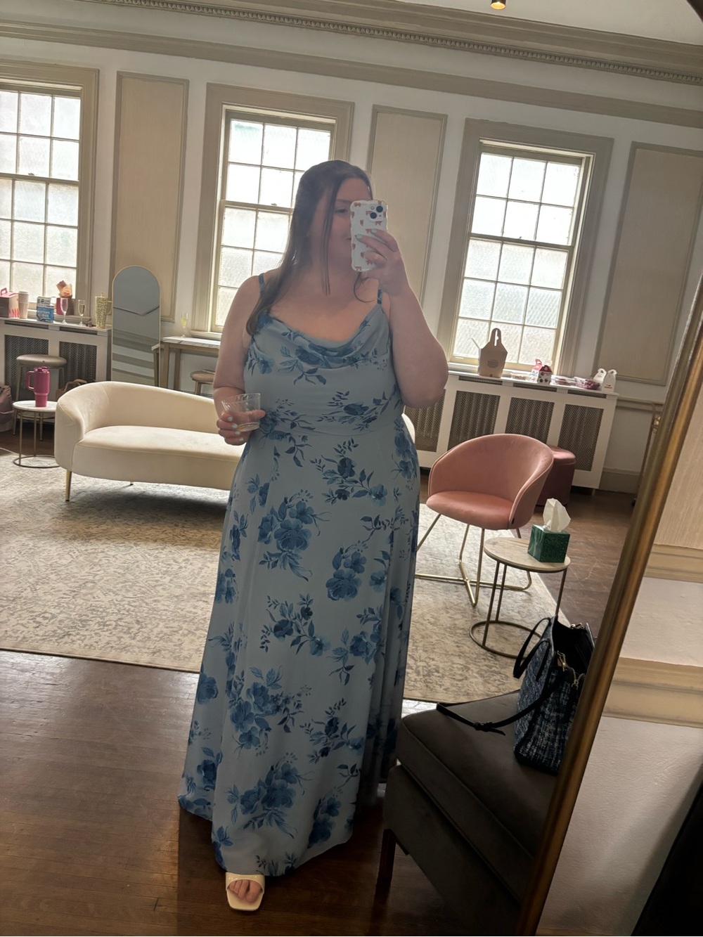 Blue Floral Cowl Neck Formal Dress